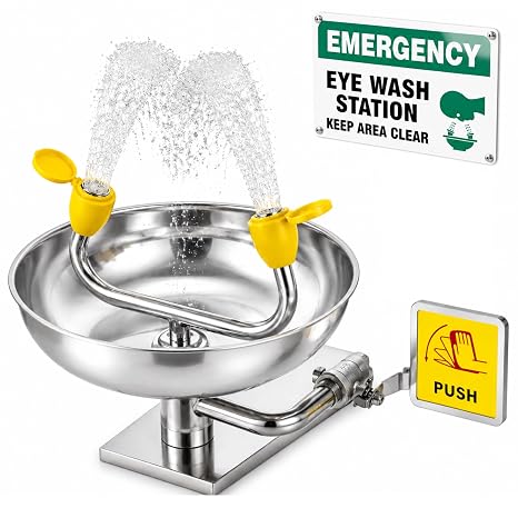 304 Stainless Steel Eye Wash Station, Wall-Mounted Emergency Eye Washer, First Aid for Eyewash & Eye Irrigation Sign