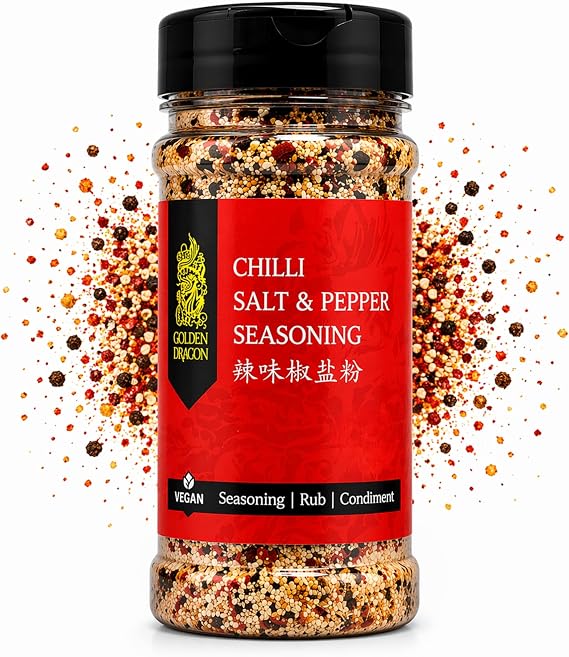 Golden Dragon Chilli Salt & Pepper Seasoning 90g – Chinese Style Salt and Pepper Mix with Chilli Garlic Five Spice Blend – Seasoning for Chicken Chips Vegetables Stir Fry Air Fryer Cooking