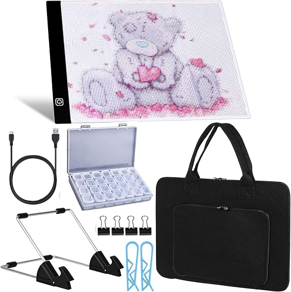 A4 LED Light Pad for Diamond Paint Kits, Super Bright USB Powered Light Board Kit with Detachable Stand, and Black Pad Clip (Pad and Bag)