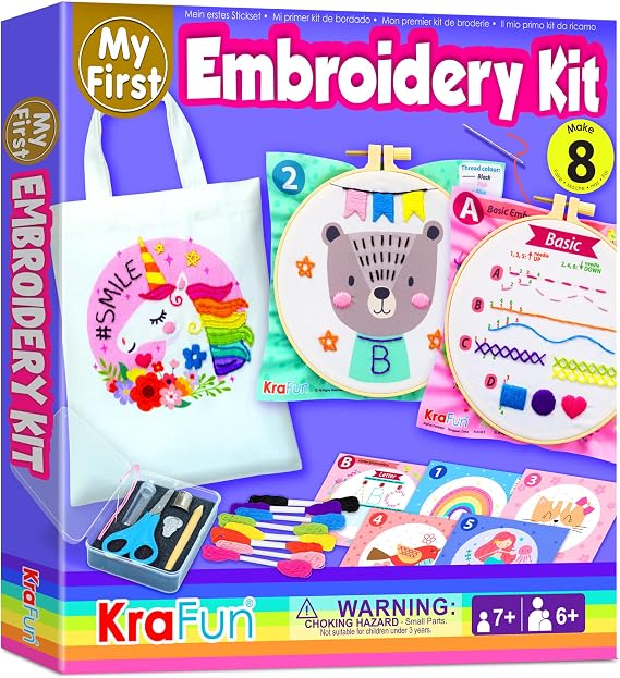 KRAFUN My First Embroidery Kit for Kids & Teens Age 8+ | 8 Projects | Beginner hand stitch set with hoop, tool box & DIY tote bag. Pre-printed cloths. Arts & crafts gift for girls
