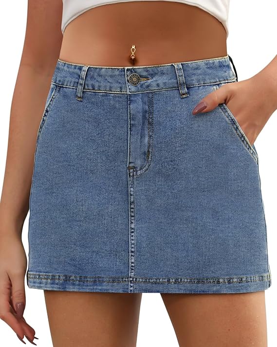 Denim Skorts for Women Skirt Stretchy High Waisted Womens Skirts Asymmetrical Hem Mini Jean Skirt with Shorts