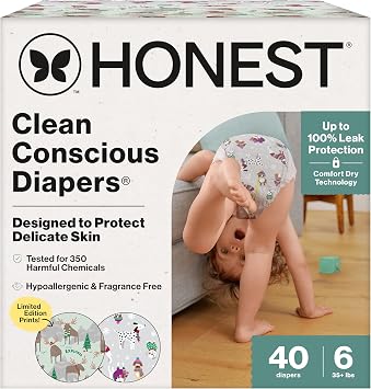 The Honest Company Clean Conscious Diapers for Delicate Skin | Up to 100% Leakproof | Hypoallergenic, Fragrance Free | Winter '25 Limited Edition Prints | Club Box, Size 6 (35+ lbs), 40 Count