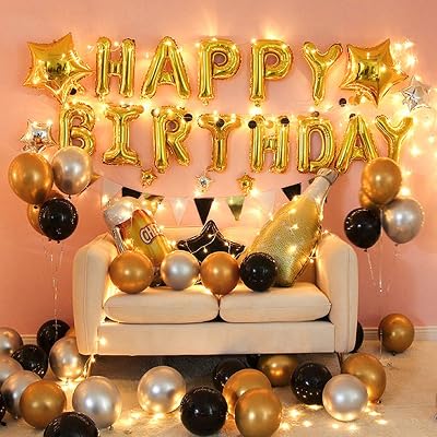 Birthday Party Decoration for Adult Happy Birthday Golden Balloons Party Supplies with String Light for Men and Women- All Total 50 Pcs