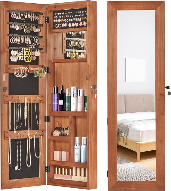 Jewelry Cabinet with LED Mirror, 47.5-Inch Jewelry Organizer, Wall or Door Mounted Makeup Organizer, Lockable jewelry organizers and storage, Solid Wood (Brown)