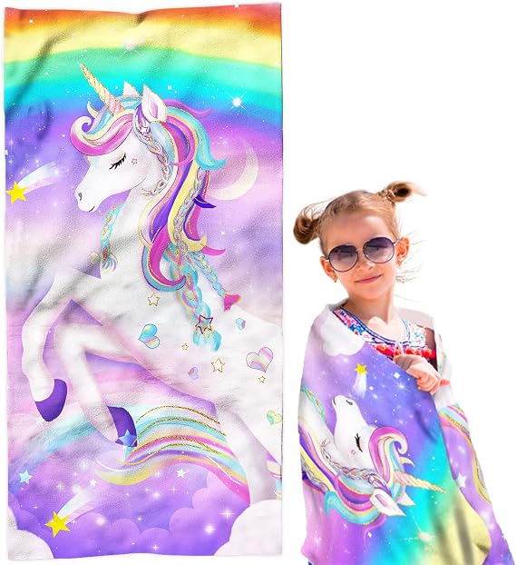 Unicorn Beach Towel, Unicorn Towel for Girls, Rainbow Microfiber Beach Towels for Kids Women 30" x 60", Purple Pink Sand Free and Quick Dry Bath Pool Swim Towel for Travel