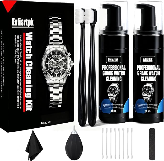 Watch Cleaning & Polishing Kit - Ultra-Gentle Micro-Foam Deep Cleans Bracelets, Cases & Bezels - All-in-One Kit: Cleaner, Brushes, Cloths, Swabs, Polishing & Dusting Tools for Watches & Jewelry