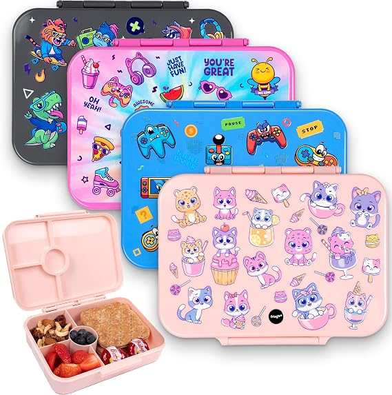 Fringoo - Bento Box - Lunch Box - Leak-Proof, 800ml capactiy, 5 Compartments, Adjustable Divider, BPA-Free, Pink Cats & Sweets Design