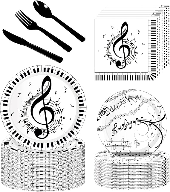 Musical Notes Party Supplie 150Pcs,Music Party Tableware Set Include 9"& 7"Music Notes Plates and Napkins Knives Forks Spoons for Music Themed Karaoke Music Birthday Party Decorations Serve 25 Guests