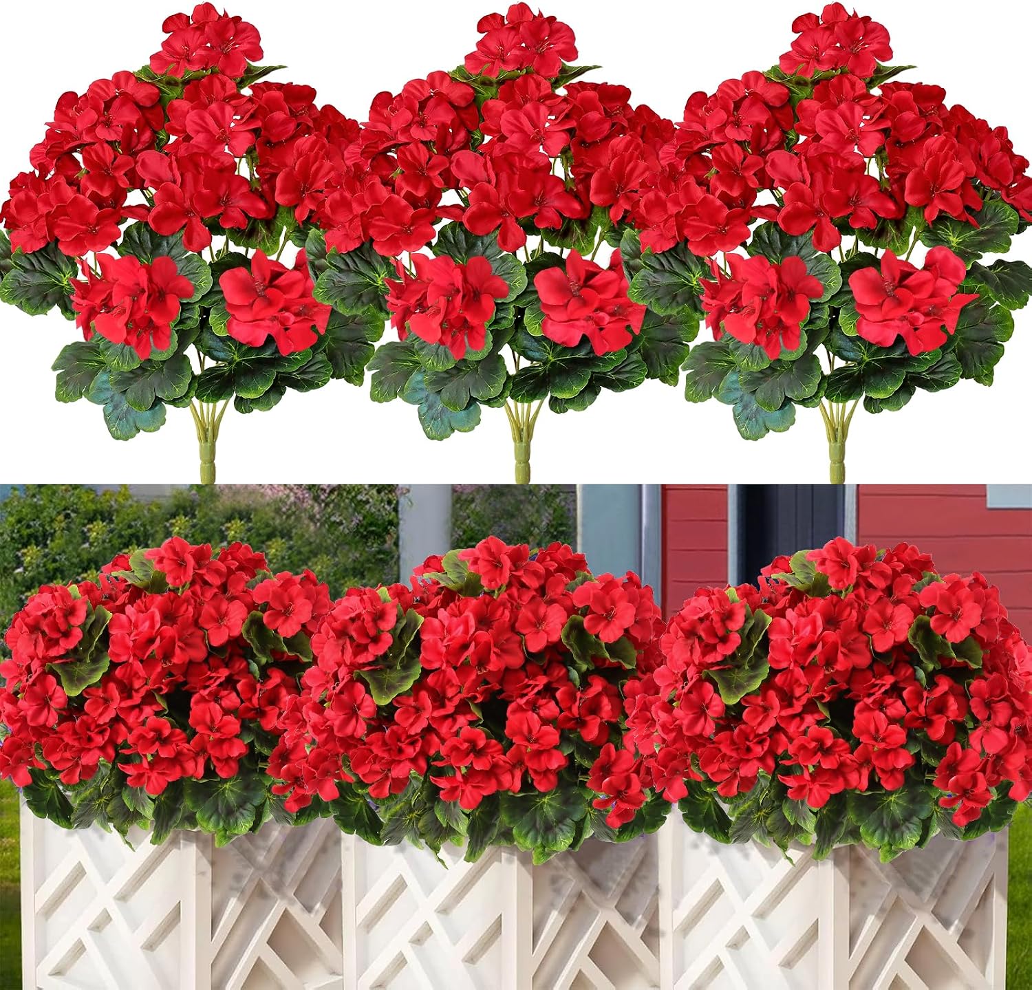 Artificial Geraniums for Outdoors 17.3 Inch Artificial Flowers 3 Bundles Silk Flowers Fake Outdoor Flowers Artificial Plants UV Resistant for Home Garden Vase Table Centerpiece Red