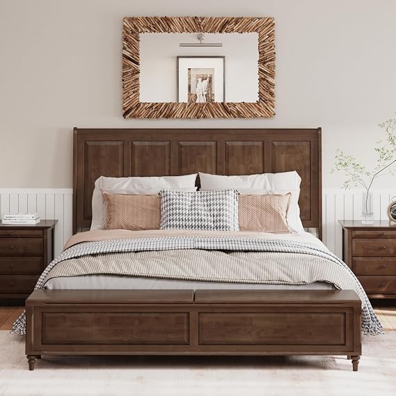 King Size Wood Bed Frame with Fluted Headboard and Footboard Storage Bench
