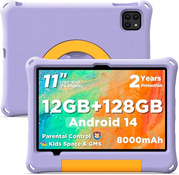 CALLSKY-NOTE Kids Tablet 11 Inch Android 14, Toddler Tablet 12GB+128GB 2TB Expandable, Octa-Core, 8000mAh, with Drop-Proof Case, Parental Control, WiFi 6, GMS Certified, Bluetooth 5.4, Purple