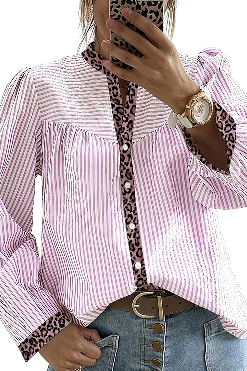 Maketina Womens Stripe Button Down Shirts Leopard Patchwork Long Sleeve Tops