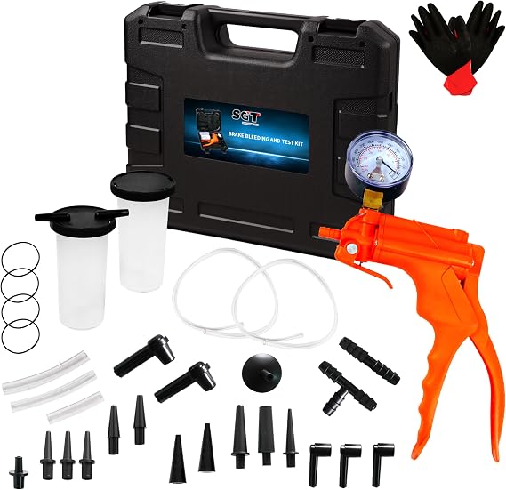 One-Man Brake Bleeding Kit with Hand Vacuum Pump, Dial Gauge and Adapters | 2 in 1 Brake Fluid Bleeder Kit for brake fluid, Great for Multi-Vehicle Servicing, Includes Storage Case