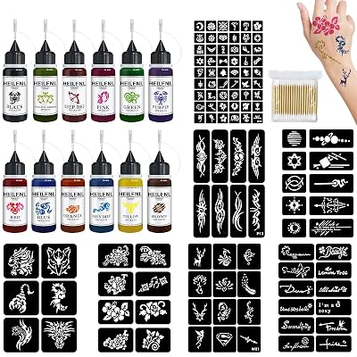 Temporary Tattoo Kit - 12 Colors Temporary Tattoo Ink with 120 Pcs Stencils, DIY Fake Tattoos - Suitable for Adults, Teens, Women, Men & Art Painting Party