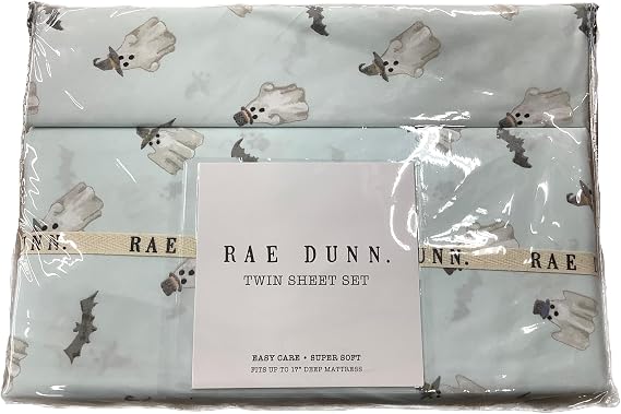 Rae Dunn Halloween Sheet Set, Light Blue - Ghosts, Hats & Bats, Twin