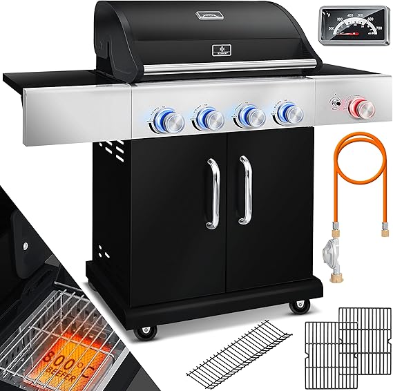 KESSER BBQ Gas Grill, 800 C Infrared, 4 Burners, Stainless Steel, XXL Grill Trolley, Side Cooker, 5-11 kg Gas Bottle, Piezo Ignition