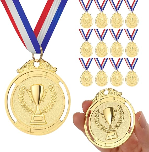GeeRic 12 Pieces Gold Medal with Neck Ribbons, Kids Reward Medal, Winner Medals Gold Prizes for Sports, Competitions, Party, Olympic Style 2 inch