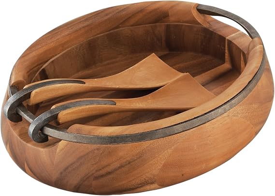 Nambe Anvil Salad Bowl with Servers, Large 16" x 13" x 5" Wooden Salad Serving Bowl with 14" Servers, Curved Rim Design for Salads, Veggies & Table Decor, Handcrafted Acacia Wood Serveware