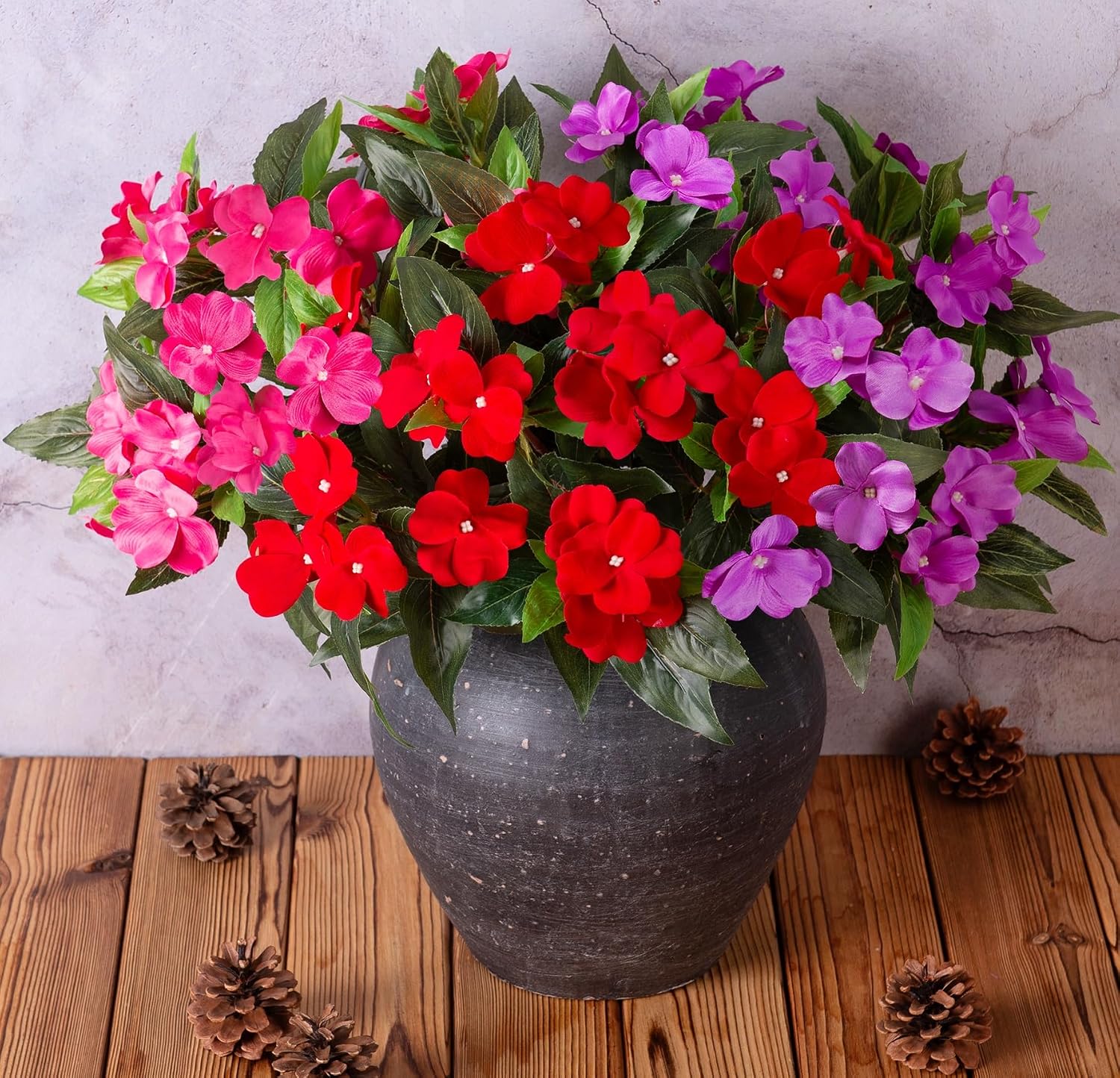 HyeFlora Artificial Fake Fall Flowers Plants Outdoor,3 PCS 7 Branches Artificial Impatiens Flowers for Outside,Faux Impatiens Bouquet Silk Greenery Plants for Balcony Garden Window Box Home Decor