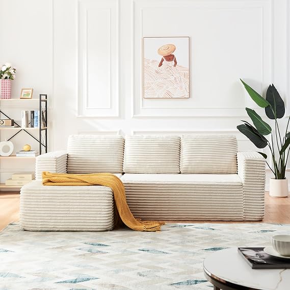 Panana 3 Seater Modular Sectional Sofa, L-Shape Left Facing Chaise with Memory Foam Seating, Cloud Boneless Couch Fabric Sofa Bed – No Assembly Required (Beige)
