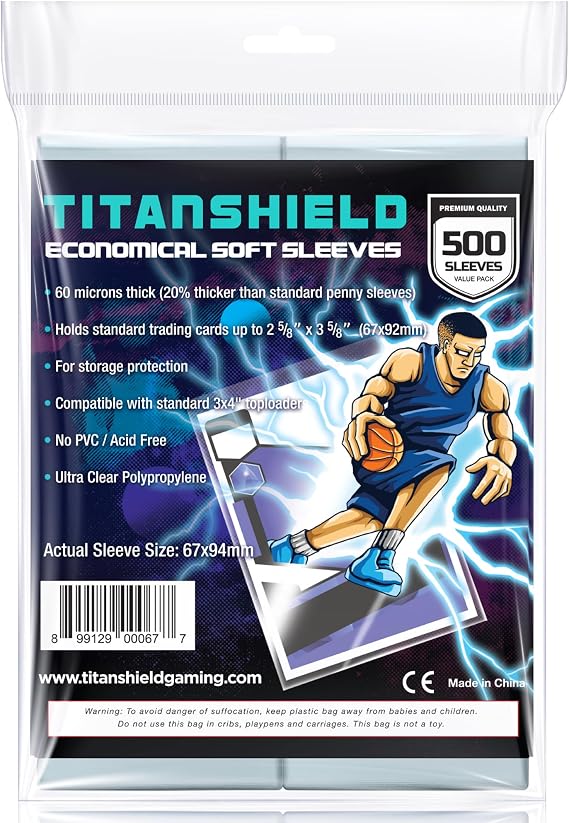 TitanShield 500 Count 60-Microns Thickness Soft Penny Card Sleeves 2-5/8 x 3-5/8 (67x94mm), Ultra Clear (500 Count)