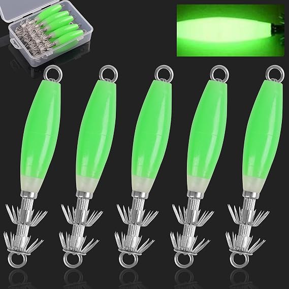 Luminous Squid Jig Hooks Saltwater Glow Squid Jigs Fluoresent Cuttlefish Sleeve Fishing Jigs Squid Hard Night Fishing Bait Octopus Lure Glow in Dark Green Color