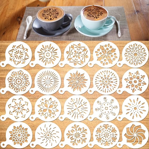 Konsait Cookie Template Stencil, 20 Pack Mandala Stencils for Coffee Cake Decorations, Reusable Template Stencils for Foam Barista Oatmeal Hot Chocolate Party Decoration Supplies Dot Painting Crafts
