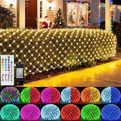 Pooqla Color Changing Christmas Net Lights, 9.8x6.6 ft 204 LED RGB Net Mesh Lights Outdoor with Remote, Bush Net Light Connectable Plug in for Xmas Tree, Gazebo, Garden, Indoor, Christmas Decorations