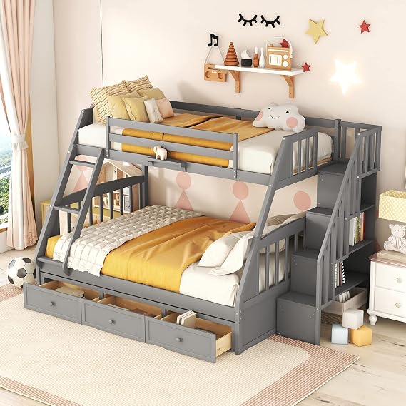 Twin Over Full Convertible Bunk Bed, Wood Bunk Bed with Storage Stairway and Drawers, Space Saving Bed Frame for Kids, Teens, Boys, Girls, Convert into 2 Bed Frame (Grey)