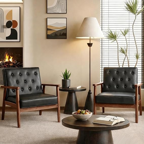 Waiting Room Accent Chairs Set of 2, Black Leather ArmChairs, Office Guest | STHOUYN Mid Century Modern, Wood Arms, Office Lobby Living Room Chair