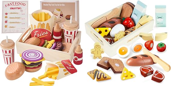 Smartwo Wooden Play Food for Kids & Wooden Bakery Toy Food Breakfast Set 