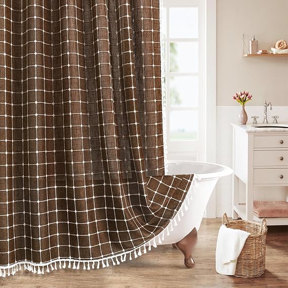 Boho Farmhouse Classic Plaid Linen Tassel Shower Curtain Brown,72x72 | 310GSM Linen Blend Heavy Duty Cloth,3-side Tassels,Wrinkle Resistant,Rustic Bohemian Farmhouse charm,Water Repellent,12 Hooks
