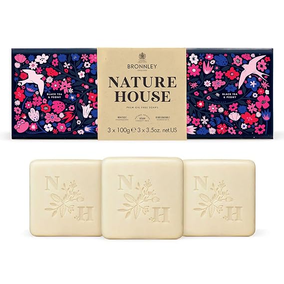 Bronnley England Black Tea & Peony Bar Soaps, Three Triple Milled, Palm Oil-Free, Vegan Soap Bars, Gift Soaps Boxed in Plastic-Free Recyclable Packaging, Three, 3.5oz Bar Soaps