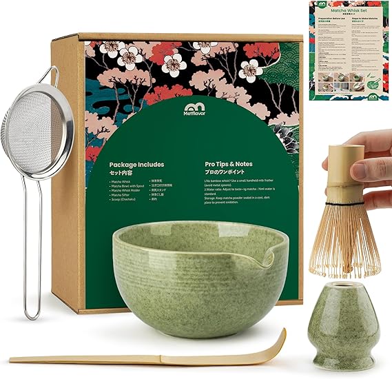 Matcha Whisk Set, Ceramic Bowl Matcha Kit & Handcrafted Bamboo Chasen, Complete 5 Pcs Matcha Set Whisk and Bowl, Stainless Steel Sifter, Bamboo Scoop & Holder for Matcha Lovers