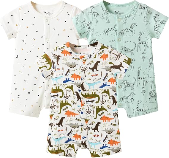 Baby Boy 3-Pack 100% Cotton Short Sleeve Rompers-Breathable One-Piece Jumpsuits with Animal Themes for Spring/Summer