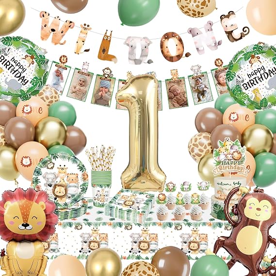 Wild One Birthday Decorations, 1st Birthday Decorations for Boys Girls, Safari Jungle Theme Party Decorations With Balloons, Paper Plates, Cups, Tablecloths, Wild One Party Supplies for 20 Guests
