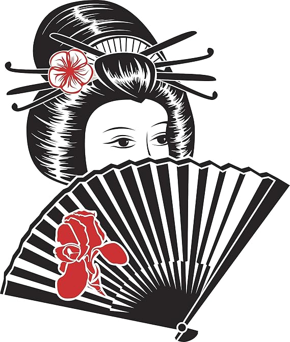 Shy Japanese Geisha Woman with Fan Vinyl Decal Bumper Sticker (4" Tall)