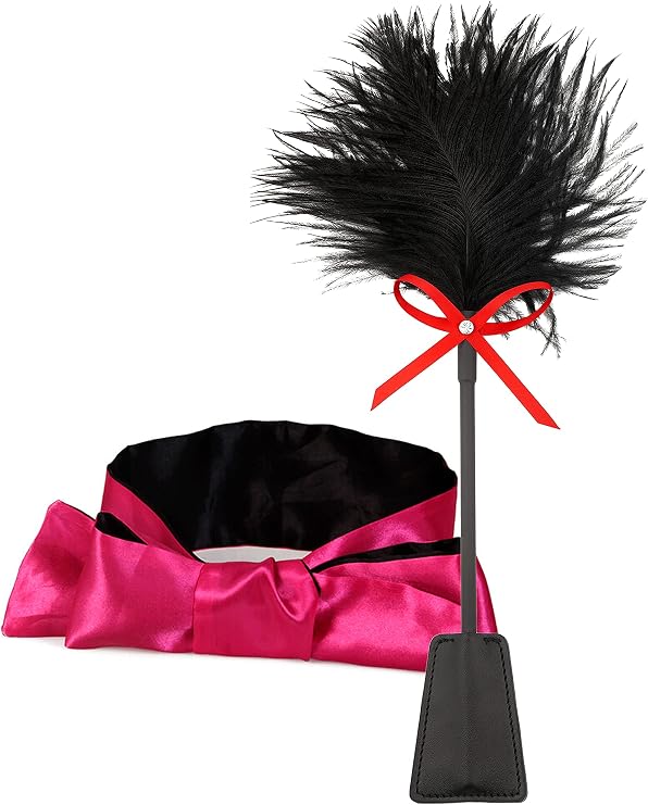 French Tickler 15" Blindfold Satin Mask Blindfold 59", Feather Tickler Cosplay Show, Eye Satin Mask Feather Tickler Kit, Crop Tickler Paddle