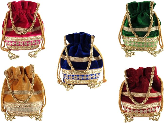 GoldGiftIdeas Indian Potli Bags for Wedding, Bridal Clutch, Bridal Purse for Party, Velvet Bridal Potli Bags, Traditional Potli Bags, Party Favor Bags (Pack of 5)