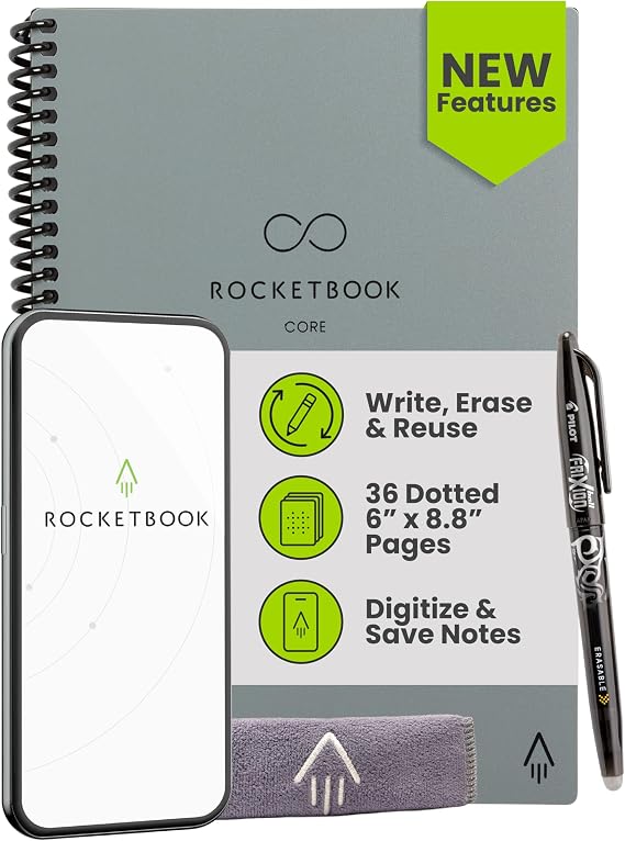 Rocketbook Reusable Spiral Notebook, Executive Size, 6 x 8.8 Inches, Gray - Dotted Pages, Connect Apps, Erasable Durable Cover, Great for School, Work, and Creative Projects