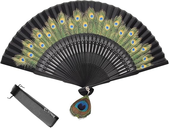 Innolife Peacock Chinese/Japanese Hand Folding Fan Bamboo Carved Frame Silk Craft Fan (Black)