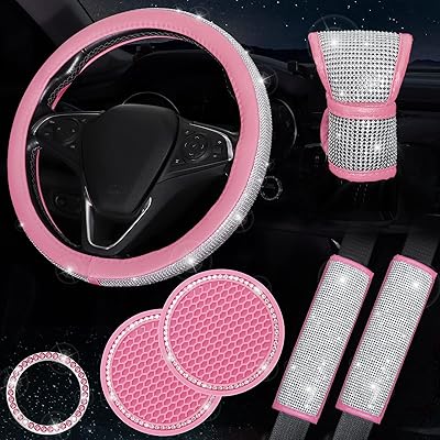 Bling Steering Wheel Cover Set of 7, Crystal Diamond Rhinestone Pink Car Accessories for Women, Seat Belt Cushion, Gear Shift Cover,Push Start Ring, Car Cup Holder Coaster, Pink