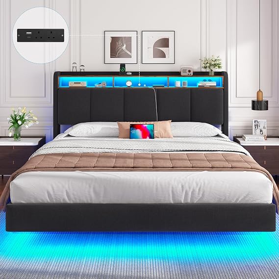 DICTAC Double Floating Bed Frame with Upholstered Storage Headboard, Stable and Sturdy 4ft6 Double Bed Frame with Power Strip & LED Lights, 135x190 cm Platform Bed Frame No Box Spring Needed, Grey