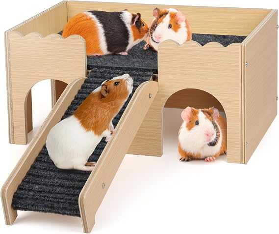 Guinea Pig Castle, Large Wooden Guinea Pig Hideout, Small Animal Bed Hut Habitats with Stairs,Detachable Hideouts for Hamsters Bunny Chinchillas Playing Hiding (Grey)