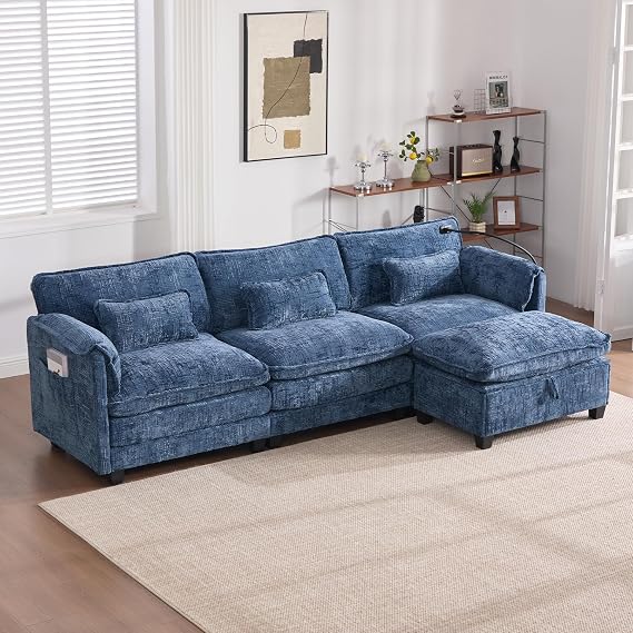 Modular Sectional Cloud Sofa, 109.8 Inch L Shaped Couch Set for Living Room, Comfy 3-Seater Couches with Movable Storage Ottoman, Phone Holder, Chenille, Navy