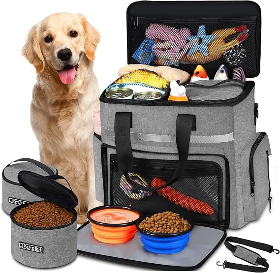 Petskd Dog Travel Bag for Supplies, 27L Large Space Pet Organizer Backpack, Airline Approved Weekend Bag with Multi-Function Pockets for Overnight Camping with 2 Food Containers, 2 Bowls (Grey)