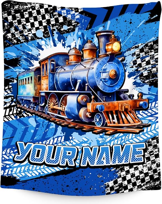 Personalized Blanket for Kids, Train Blanket for Boys Toddler, Custom Gifts for Son, Cool Fleece Throws, 4 Size