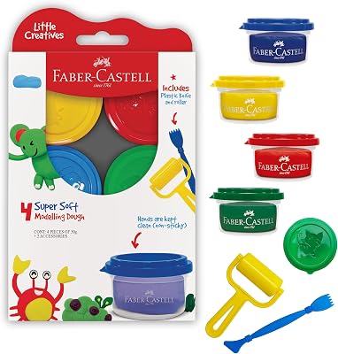 Faber-Castell Little Creatives Super Soft Modeling Dough: 4 Classic Colors and Play Dough Accessories, Non Toxic Playdough Kit for Toddlers, Gifts for Kids and Preschool Ages 3