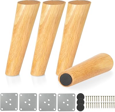 Ilyapa Wooden Tapered Oblique Furniture Leg - Set of 4 Natural Rubber Wood 8 Inch Mid Century Modern Tapered Replacement Furniture Feet for Sofas