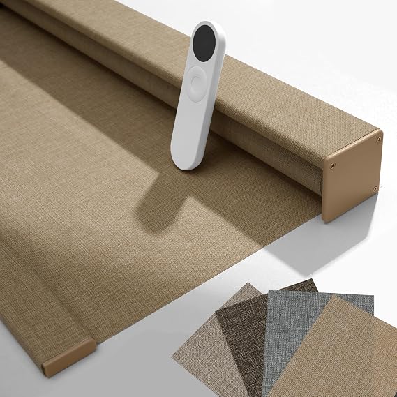 Boolegon Dual-Control Motorized Roller Blinds (Manual Override + Remote), Light Filtering Linen Fabric Rechargeable Smart Electric Window Shades for Home, Office, Custom Color and Size.
